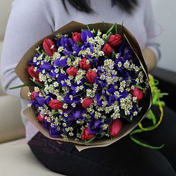 Букет «Красные тюльпаны, ромашки, синие ирисы» Mini