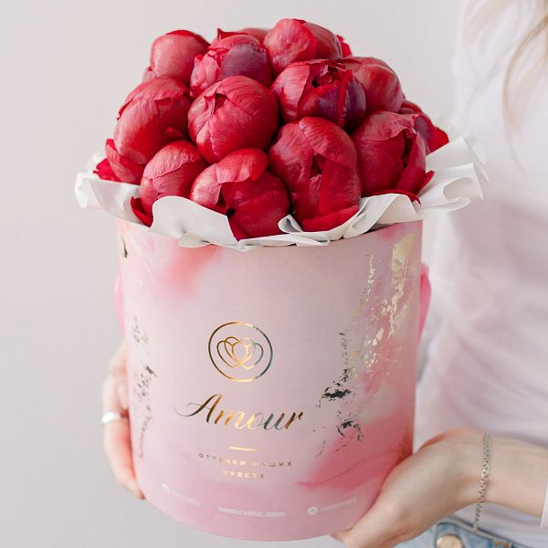 Букет в розовой шляпной коробке Amour Mini из 21 бордового пиона Standart Plus