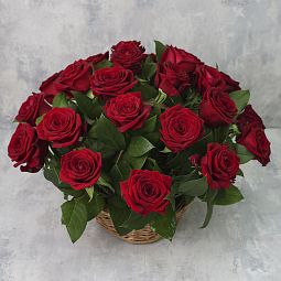 Корзина из 25 роз «Красные розы Ред Наоми с зеленью»