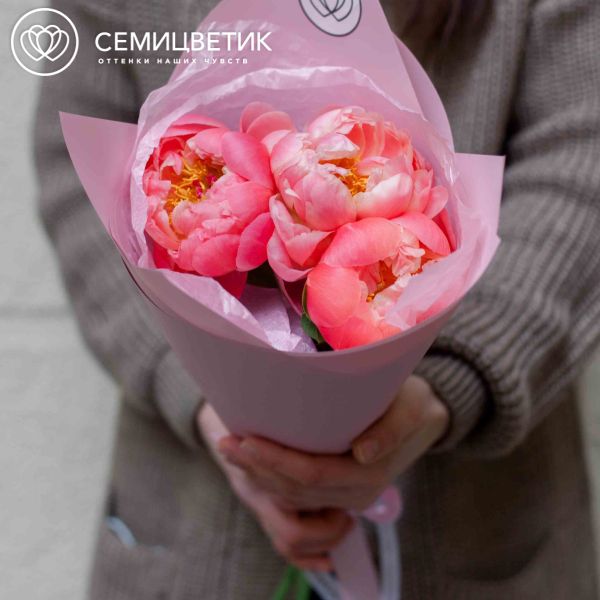 Букет из 3 коралловых пионов Coral Sunset Premium