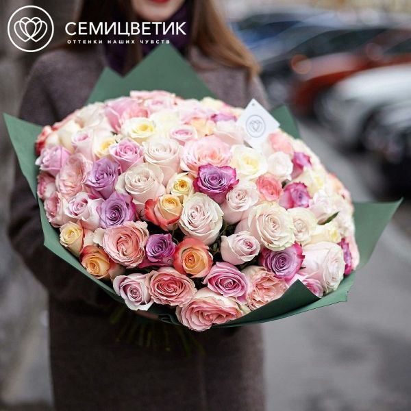 Букет из 101 розы микс в нежных тонах (Эквадор) 50 см