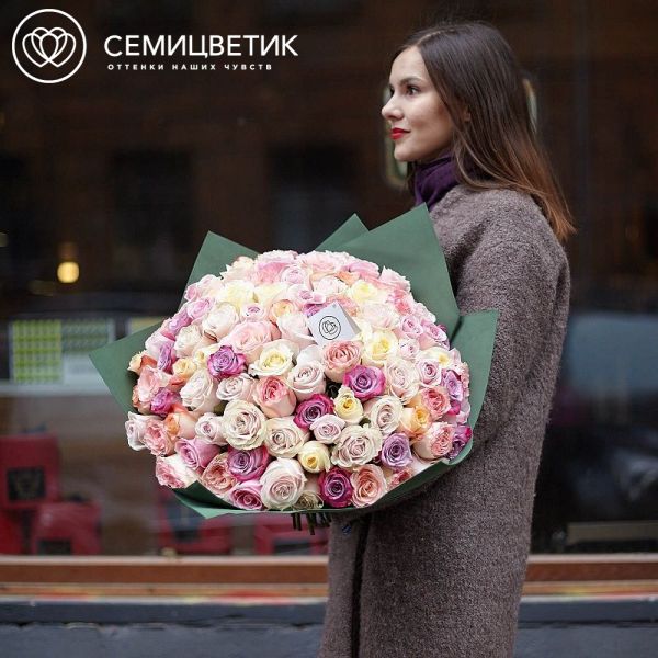 Букет из 101 розы микс в нежных тонах (Эквадор) 50 см